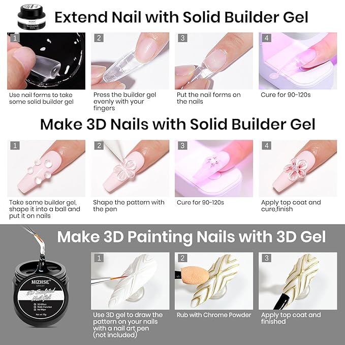MIZHSE 30g/1oz Solid Builder Gel for Nails and 15g 3D Painting Gel, Clear Hard Gels for Nails Sculpting Nails Art Soak Off U V LED Builder Salon Home DIY Manicure-VivaGrace Women