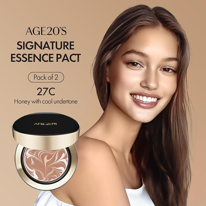 AGE20'S Signature Essence Pact SPF 50+ | Pack of 2 | 27C HONEY | Cream Foundation, Dewy Finish, Natural Coverage | Korean Cushion Foundation-VivaGrace Women