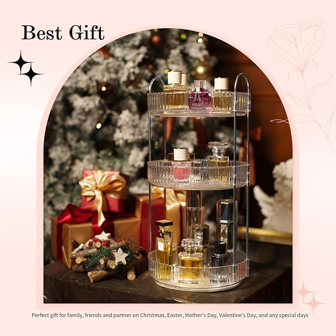 360° Rotating Makeup Organizer for Vanity, Spinning Cosmetics Organizer Holder Rack, Large Capacity Bathroom Organizer Countertop, Fits Perfume, SkinCare, Makeup Brushes 3 Tiers, Transparent-VivaGrace Women