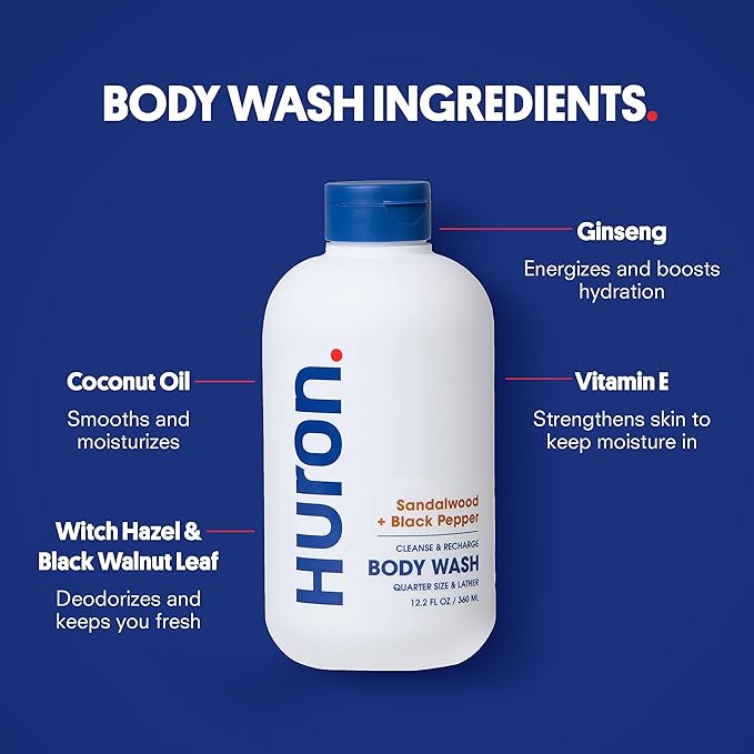 Huron Shower Kit - Shampoo, Conditioner, & Body Wash For Men - Sandalwood + Black Pepper Scent - Hydrating & Nourishing Men's Shampoo & Conditioner-VivaGrace Women