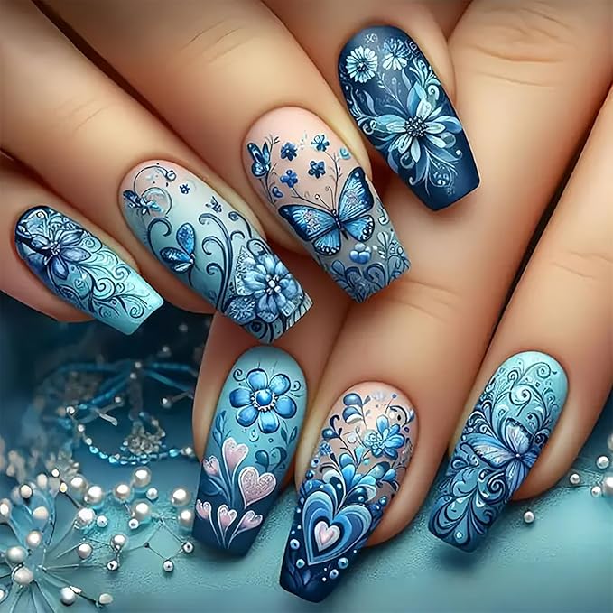 Medium Coffin Fake Nails Flower Press on Nails Spring Glue on Nails Full Cover Butterfly Stick on Nails Reusable Heart Flower False Nails for Women Spring Nails Manicure Kit 24Pcs