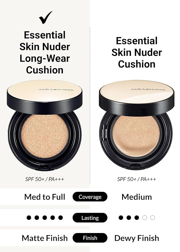 JUNG SAEM MOOL Essential Skin Nuder Longwear Cushion 0.98 Fl Oz (Medium), Refill Included, 24H Lasting Cushion Foundation with High Coverage, Semi-Matte Natural Finish, Korean Foundation Makeup-VivaGrace Women