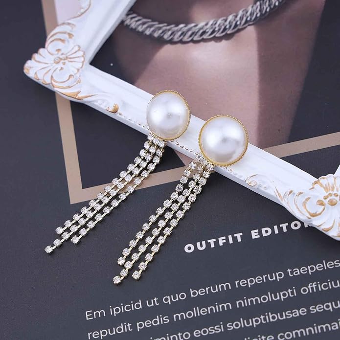 Vintage Crystal Pearl Drop Earrings Cz Bridal Crystal Earrings Long Rhinestone Tassel Earrings Gold Pearl Stud Earrings Jewelry for Women-VivaGrace Women