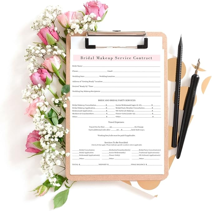 Bridal Makeup Service Contract | 100 Pack | 8.5 x 11" A1 Forms | Makeup Artist Supplies | Bridal Contract | White and Pink Forms-VivaGrace Women