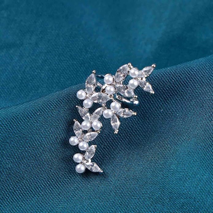 Vintage Crystal Pearl Ear Cuff Earrings Rhinestone Butterfly Cuff Wrap Earrings Cz Butterfly Ear Climber Cuff Earrings Silver Pearl Cz Non Piercing Earring Jewelry for Women(Left)-VivaGrace Women