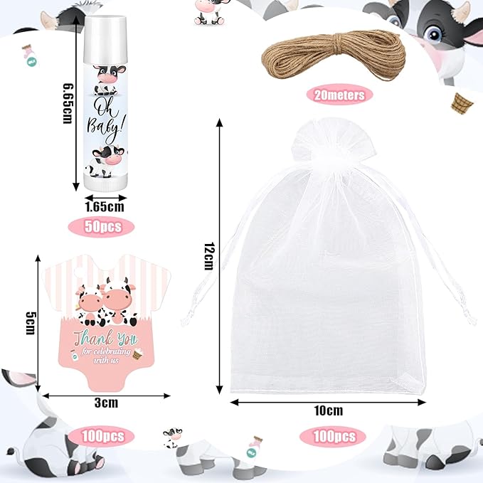 Demissle 50 Pcs Baby Shower Lip Balm Gift Set with 100 Pcs Organza Bags Baby Shower Party Favor for Guest Thank You Tag Rope Baby Shower Party Decoration Gender Reveal Souvenirs(Cow)-VivaGrace Women