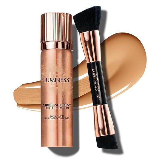 LUMINESS Silk Airbrush Spray Foundation 2-PC Kit - Foundation & Dual-Sided Angled Makeup Brush - Buildable Coverage, Anti-Aging Formula, Humidity Resistant, Hydrates & Moisturizes, Medium-VivaGrace Women