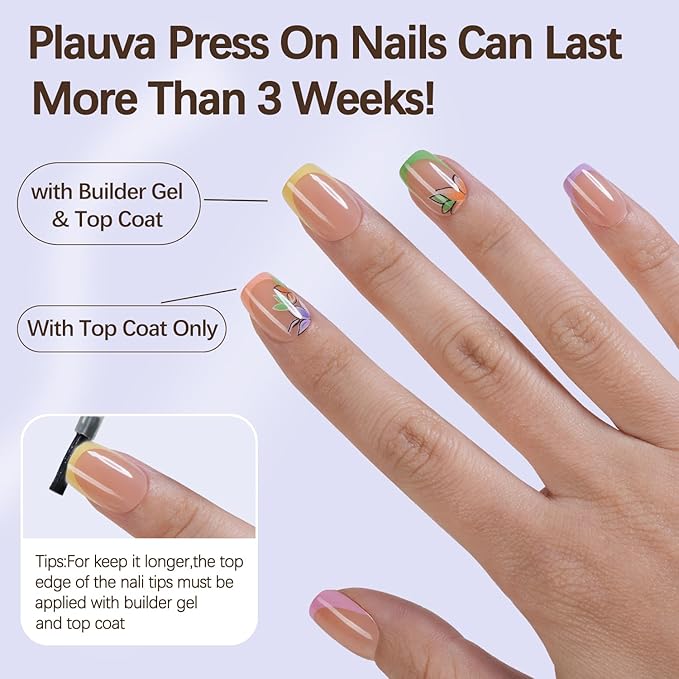 6 Packs (144 Pcs) Short Press on Nails Square, Plauva French Tip Matte Fake Nails, Flower Stick On Nails, Reusable Full Cover Press on Nails for Women and Girls