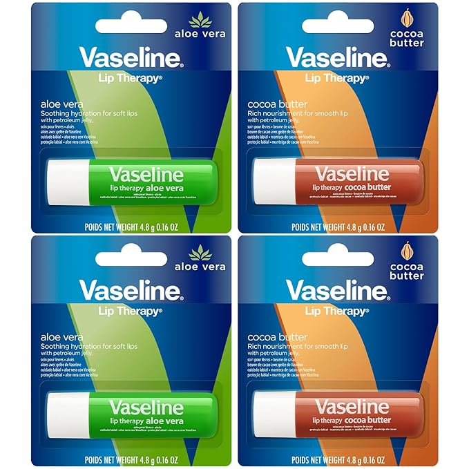 Vaseline Lip Therapy Variety 4-Pack – Cocoa Butter + Aloe Vera Moisturizing Lip Balm with Vitamin E, 0.16 Oz Ea-VivaGrace Women
