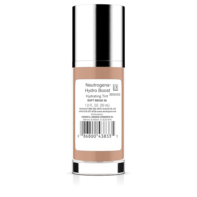 Neutrogena Hydro Boost Hydrating Tint Foundation Makeup for Dry Skin, with Hyaluronic Acid, Lightweight Oil-Free Water Gel, Non-Comedogenic, 50 Soft Beige, 1.0 fl. oz-VivaGrace Women