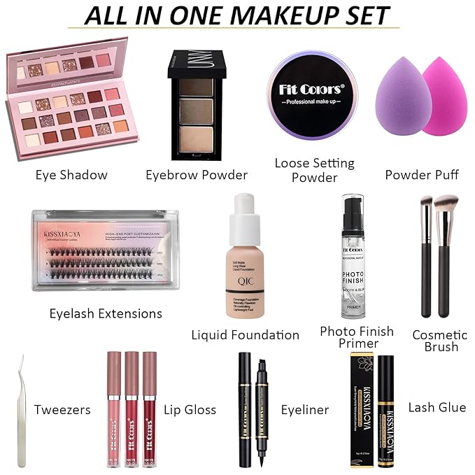 All In One Makeup Essential Starter Kit for Beginners or Pros, 18 Colors Naked Eyeshadow Palette Nude Face Primer, Brush, Sponge, Eyebrow Powder, Winged Eyeliner Stamp (SetA)-VivaGrace Women