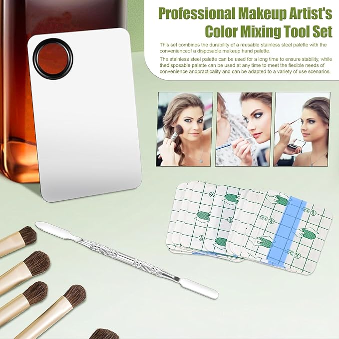 Makeup Mixing Palette Set, Makeup Hand Palette Single Use Makeup Mixing Tray Disposable Adhesive Cosmetic Makeup Palette Transparent Makeup Tape, Stainless Steel Foundation Mixing Palette with Spatula-VivaGrace Women