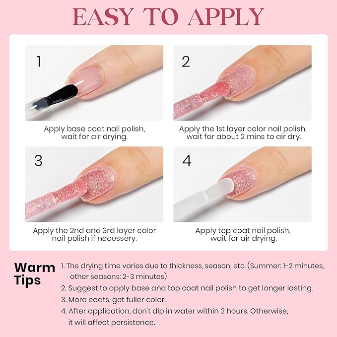 MIZHSE Quick Dry Nail Polish, Glitter Pink Nail Polish Non Gel Air Drying Fast, 15 ml Regular Sparkle Shimmery Oil-based Glitter Nail Lacquer Full Coverage Nail Art Manicure DIY Home