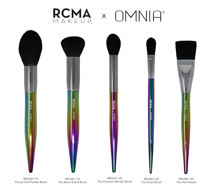 RCMA Makeup x Omnia Professional Makeup Brush 5pc Set, Premium Synthetic Fiber, Iridescent Acrylic Handle, Face Powders, Complexion and Foundation Blending Application Brush set.-VivaGrace Women