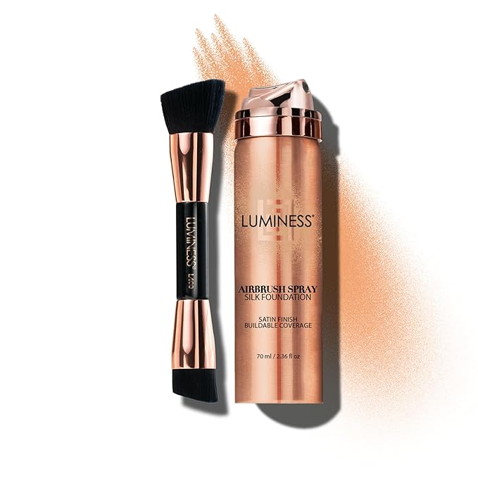 LUMINESS Silk Airbrush Spray Foundation & Buffing Brush Kit – Full Coverage Foundation & Dual-Sided Buffing Brush - Buildable Coverage, Anti-Aging Formula Hydrates & Moisturizes (Shade - Medium)-VivaGrace Women