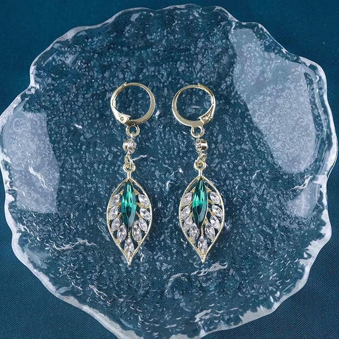 Vintage Crystal Emerald Leaf Dangle Earrings Green Rhinestone Leaf Drop Earrings Green Cz Leaf Earrings Crystal Leaf Hoop Earrings Jewelry for Women-VivaGrace Women