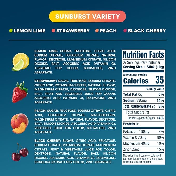 DripDrop Hydration Packets - Sunburst Variety Pack - Single Serve Electrolytes Powder Drink Mix - Lemon Lime, Strawberry, Peach, Black Cherry - Non-GMO, Gluten Free, Vegan - 32 Sticks-VivaGrace Women