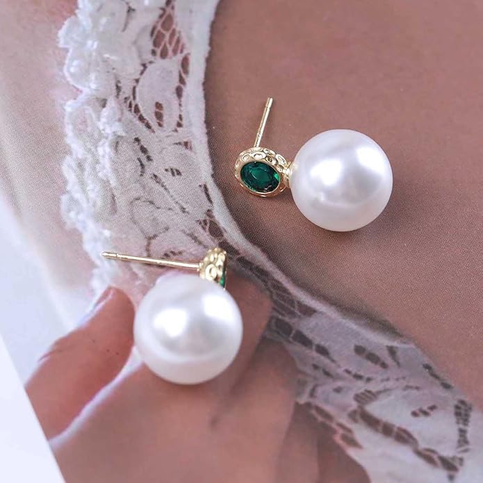 Vintage Emerald Pearl Earrings Gold Pearl Drop Earrings Green Emerald Studs Earrings Rhinestone Pearl Emerald Earrings Jewelry for Women-VivaGrace Women