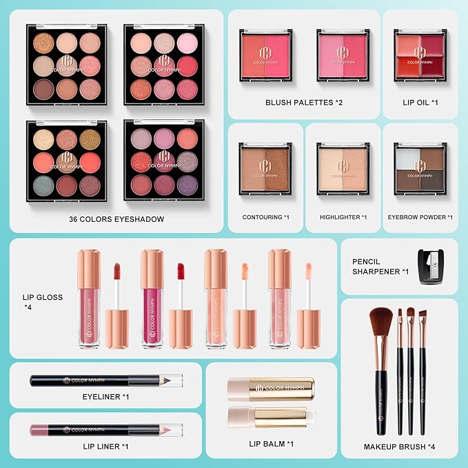Color Nymph All In One Makeup Kit Comestics Gifts for Girls Teens, Travel Makeup Set 4 Trays Train Case for Beginner Includes Eyeshadow Highlighter Lipgloss Blush Concealer Brush Eyeliner Lipbalm-VivaGrace Women