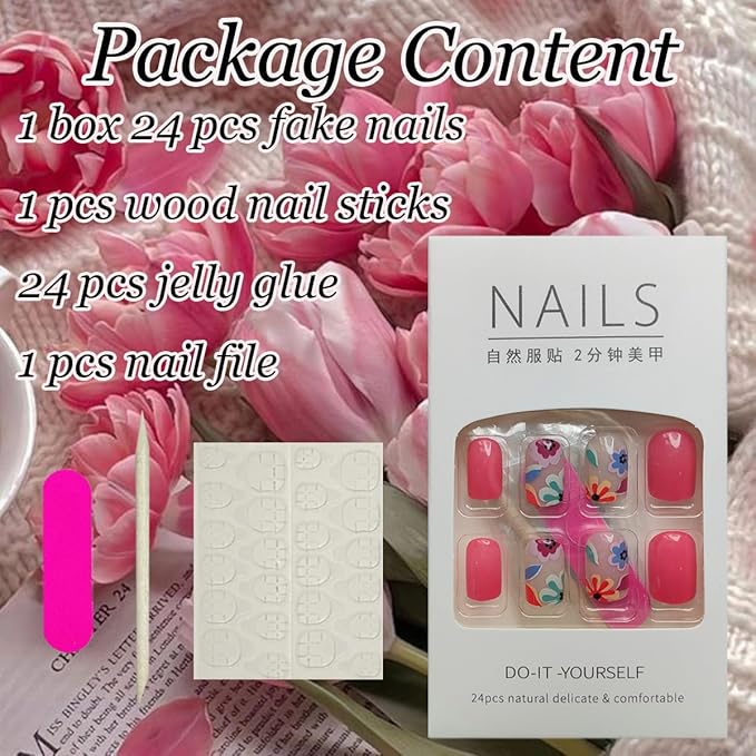 Short Press on Nails Square Fake Nails with Cute Flower Press Ons Design Acrylic Nails Orange Red Glossy Glue on Nails Full Cover Coffin False Nails Daisy Artificial Stick on Nails for Women 24Pcs