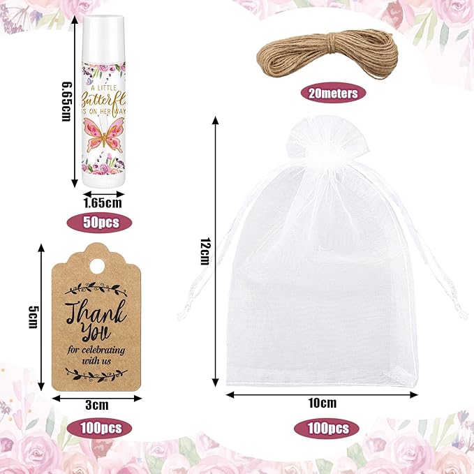 Demissle 50 Pcs Baby Shower Lip Balm Gift Set with 100 Pcs Organza Bags Baby Shower Party Favor for Guest Thank You Tag Rope Baby Shower Party Decoration Gender Reveal Souvenirs (Butterfly)-VivaGrace Women