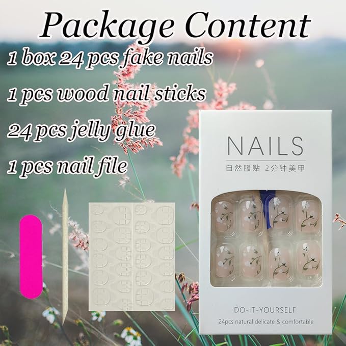 Flower Fake Nails Short Square Press on Nails Cute Acrylic Nails Cotton Flowers Glue on Nails Nude Full Cover Coffin False Nails Glossy Stick on Nails White Floral Nails for Women Manicure 24Pcs