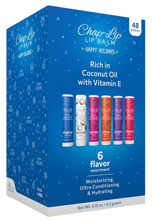 Rich in Coconut Oil & Vitamin E - Moisturizing, Ultra Conditioning & Hydrating - Total Lip Moisturizer & Lip Therapy Treatment - Happy Holidays 6 Flavor Assortment, 48 Count-VivaGrace Women