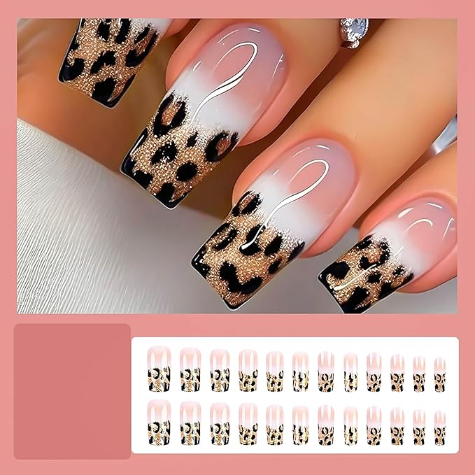 Medium Square Press on Nails French Tip Fake Nails Glitter Ombre False Nails with Leopard Designs Medium Nail Press ons Sparkly Artificial Nails Cute Stick on Nails for Women 24Pcs