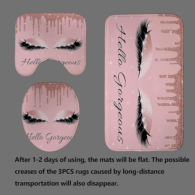 4PCS Hello Gorgeous Unicorn Eyelash Shower Curtain Set Luxury Diamond Rose Gold Glitter Eyeshadow Makeup Pink Glam Beauty Fashion Girly Women Bathroom Decor Non-slip Bath Mat Toilet Rug, Bling-VivaGrace Women