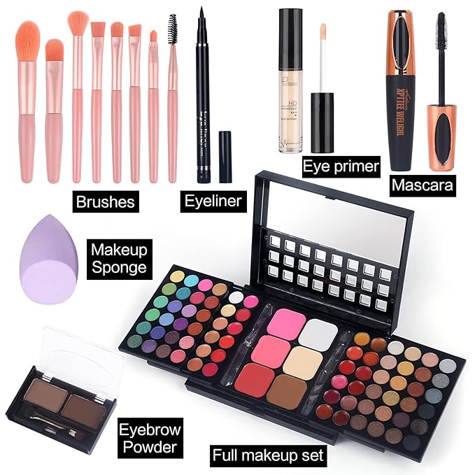 Full Makeup Kit with Applicator - 78 Color Cosmetic Gift Set Include Eyeshadow/Lipstick/Blush/Contour/Concealer, Mascara, Lip Liner, Eyeshadow Primer, Eyebrow Powder, Sponge and 8pcs Makeup Brush-VivaGrace Women
