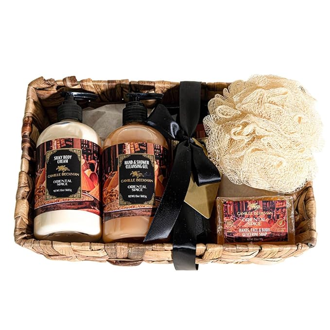 Camille Beckman Oriental Spice Essentials Gift Basket, Glycerine Hand Therapy 6 oz, Silky Body Cream 13 oz, Hand and Shower Cleansing Gel 13 oz, Glycerine Soap 3.5 oz, Bath Body Net, and Gift Basket-VivaGrace Women
