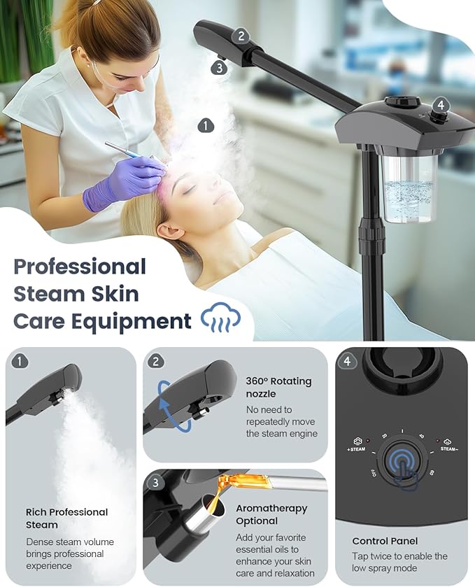 Kingsteam Professional Ozone Nano-Ionic Facial Steamer | Deep Cleansing Hydrating | Salon Home Spa Face Steamer | Pore Cleanser | 60-Min Timer | 360° Swivel | Esthetician Favorite Tool, Black-VivaGrace Women