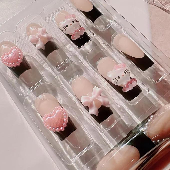 Cute Press on Nails Medium Long Black French Fake Nails Square Pink Glossy 3D Heart False Nail Tips Artificial Nails Finger Manicure for Women and Girls 24pcs
