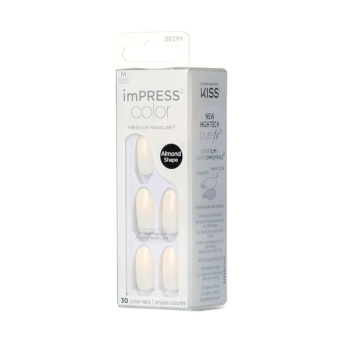 KISS imPRESS Color Press-On Manicure Fake Nails, Ballroom - Short & Square, Solid White, Ready To Wear, Chip Proof, Smudge Proof, No Dry Time, Mini File & More | 30 Count