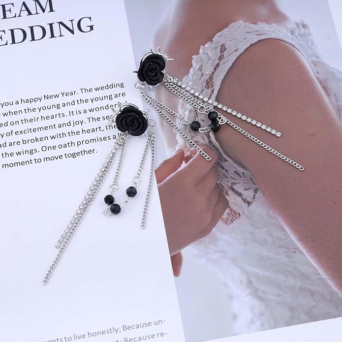 Punk Black Rose Flower Earring Long Rhinestone Chain Drop Earrings Silver Cz Tassel Chain Earrings Black Rose Flower Ear Cuff Earring Jewelry for Women-VivaGrace Women