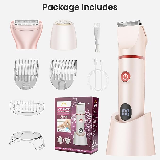 Bikini Trimmer Electric Razors for Women - 3 in 1 Electric Shaver for Women, Waterproof Pubic Hair Trimmers and Facial Hair Remover, Rechargeable Women's Grooming Kit-VivaGrace Women