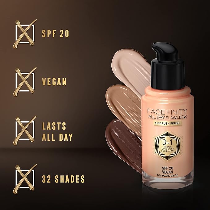 Max Factor Facefinity All Day Flawless 3 In 1 Foundation SPF 20, 30 Ml, 35 Pearl Beige-VivaGrace Women