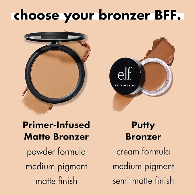 e.l.f. Primer-Infused Bronzer, Long-Lasting, Lightweight & Buildable Powder Bronzer, Delivers A Matte Finish, Vegan & Cruelty-Free, Tan O' Clock-VivaGrace Women