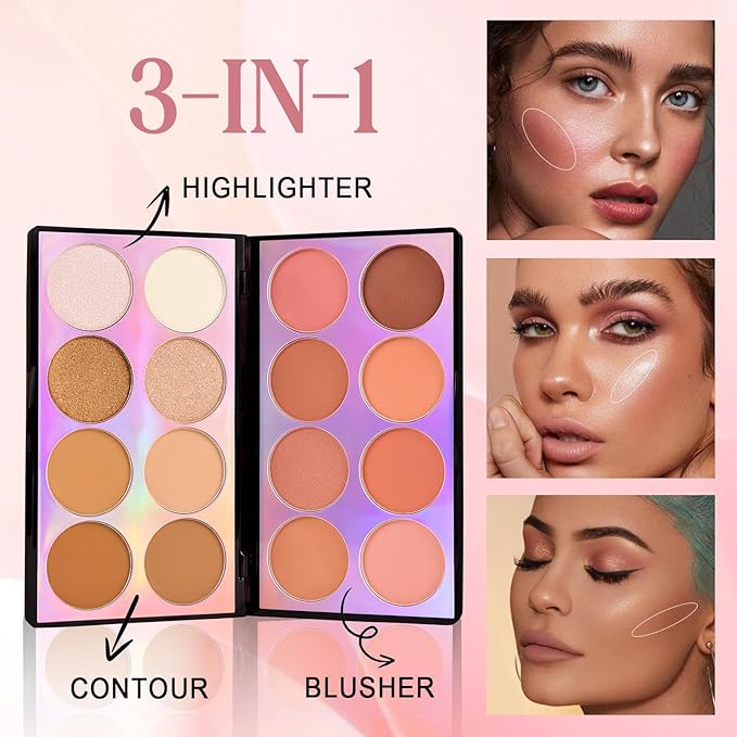Coosa Blush Palette, Highlighter Contour Makeup Palette, Blush for Cheeks, All-In-One Bronzer Bright Shimmer Cosmetics Sets for Eyes, Lips & Cheeks-VivaGrace Women