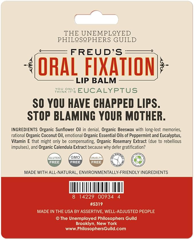Sigmund Freud's Oral Fixation Lip Balm Tube, Eucalyptus Mint Flavored - Cruelty-Free and Made in The USA from Natural and Imported Ingredients-VivaGrace Women