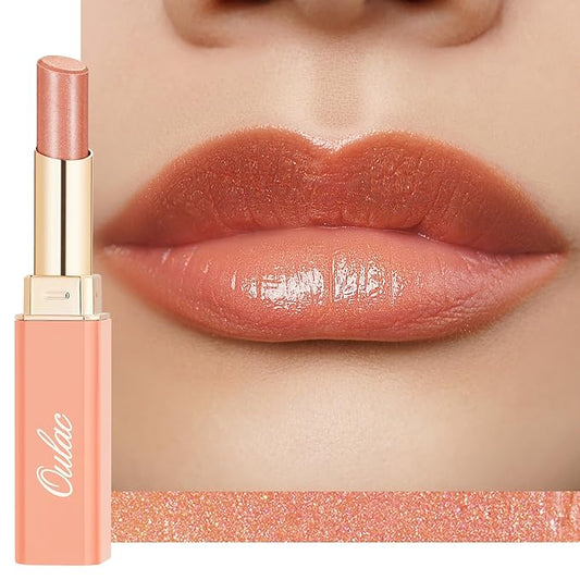 Oulac Moisture Peach Nude Lipstick - 2 in 1 Shimmer Lipstick & Lip Balm, Shimmer Soild Lip Gloss, Lightweight Smooth, Natural Look Best for Dry, Cracked and Chapped Lips, Vegan 2.2g/0.07oz (S05)-VivaGrace Women