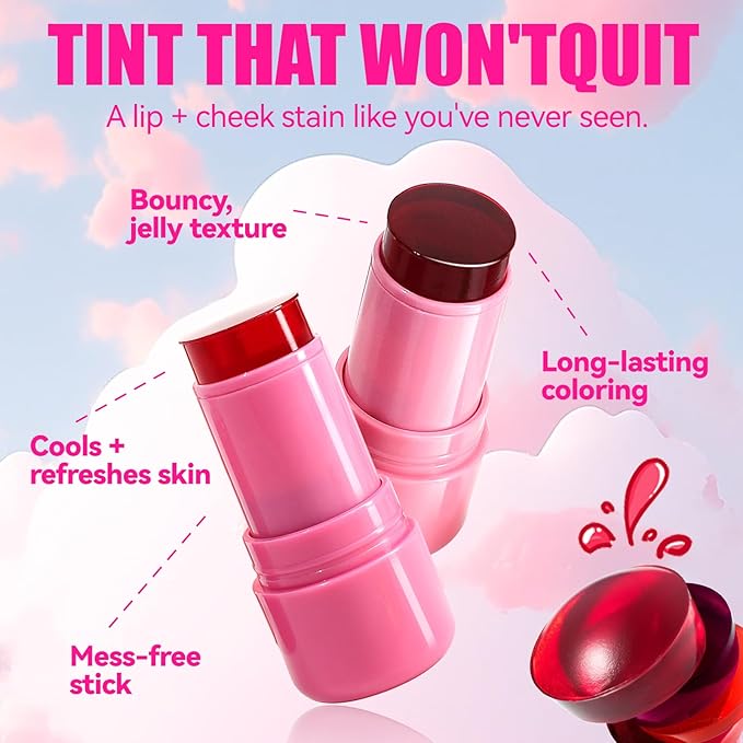 2 Pcs Milk Jelly Blush, Milk Cooling Water Jelly Tint, Vivid Color Water Jelly Tint Milk Blush, Sheer Eye Lip & Cheek Stick Stain, Long Wearing, Watercolor Finish Lip Gloss for Women, 01&02-VivaGrace Women