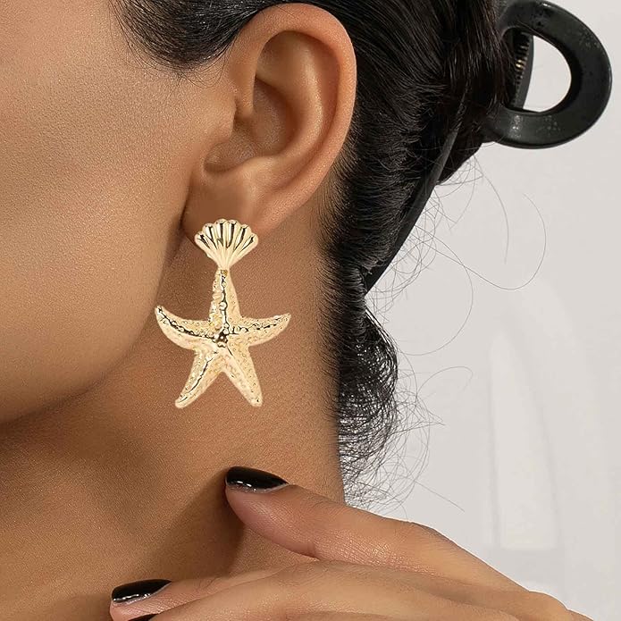 Vintage Starfish Dangle Earrings Starfish Drop Earrings Gold Metal Seashell Stud Earrings Hammered Starfish Earrings Jewelry for Women-VivaGrace Women