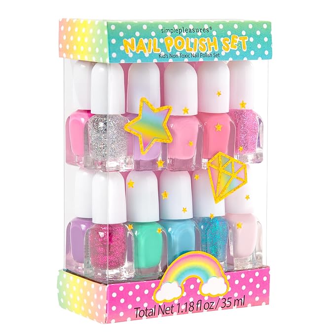 SIMPLE PLEASURES 14- Unicorn Glitter Kids Nail Polish Set for Girls – 14 Water-Based Non -Toxic Nail Art Kit - Gift Set for Girls Ages 7-12