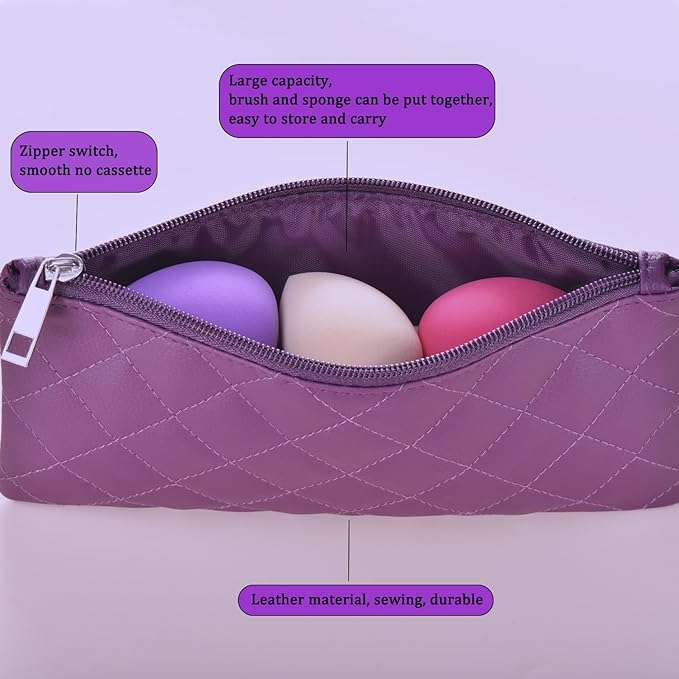 10 Piece Purple Makeup Brushes Set and 3 Piece Makeup Sponge - Wooden Handle with Soft Synthetic Bristles, for Face & Eye Makeup | Professional Cosmetic Brushes | Includes Travel Pouch-VivaGrace Women