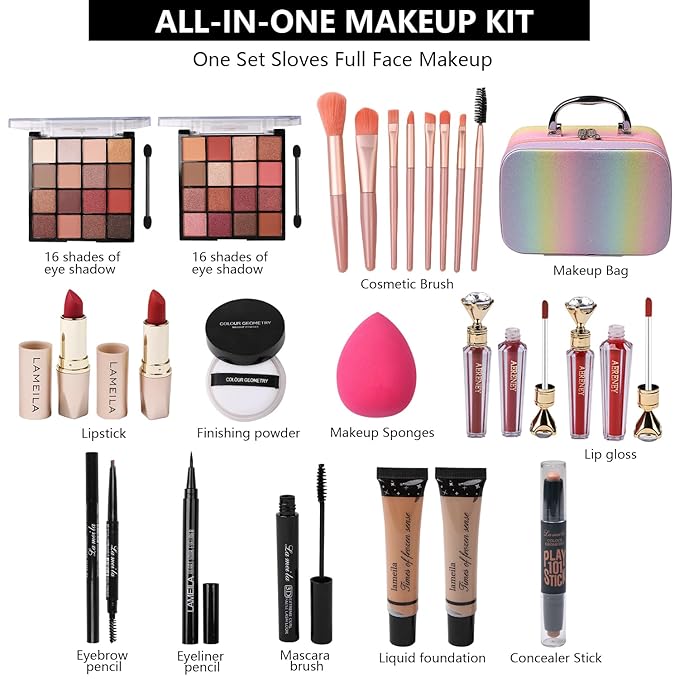 Makeup Kit for Teen Girls,All in One Makeup Kit for 2X16 Colors Eyeshadow Liquid Foundation Eyeliner Pencils Contouring Stick Lip Gloss Eyebrow Pencils 8Pcs Makeup Brushes etc (rainbow)-VivaGrace Women