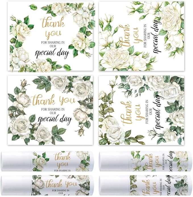 OLYCRAFT 100Pcs Self-Adhesive Lip Balm Tag Stickers 1.7x2.1 inch Waterproof Adhesive Stickers with White Rose Flower Lipstick Tag Sticker for Lip Balm Container Tubes Lipstick Wrapping Decoration-VivaGrace Women