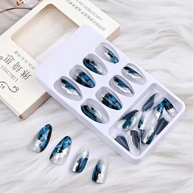 Almond Press-on Nails - Medium Length Fake Nails with Glue, Green Ombre Acrylic Designs, Silver Glitter, Dark Green Sfumato Glossy Artificial Nails, 24Pcs