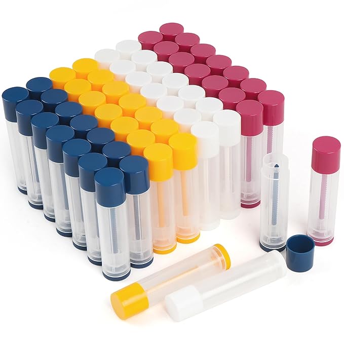 LotFancy Lip Balm Tubes, 60 Empty, 5.5ml, Clear Plastic Containers with 4 Color Caps, BPA Free, Leak Free, Refillable (Yellow White Blue Red)-VivaGrace Women