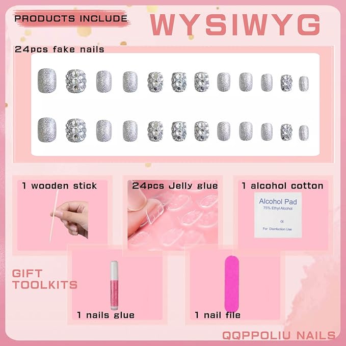 Extra Short Press on Nails Silver Fake Nails with Glitter and Rhinestones Designs Square Shape Full Cover Nails for Girls (Silver)